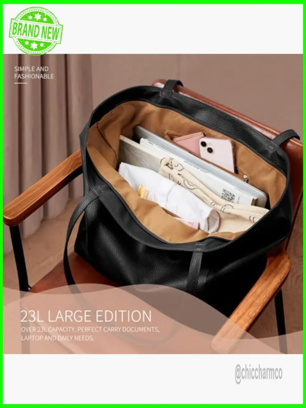 Large Vegan Leather Tote Bag Zipper Closure Work Travel Hobo Purse